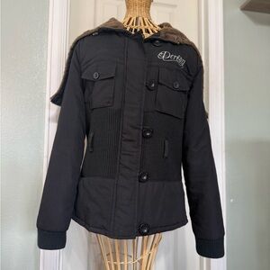 House of Dereon Beyoncé Black Embellished Women’s Coat Size Medium Faux Fur Hood